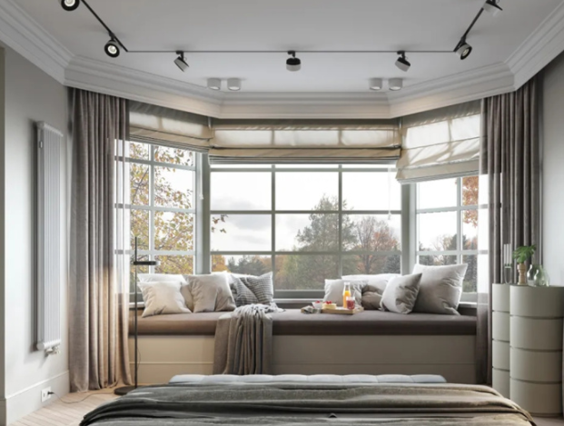 上海家庭裝修風格：家庭裝修，小戶型裝修，拐角飄窗窗簾怎樣安裝好看？