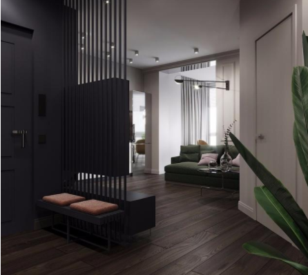 客廳電視墻裝修：玄關(guān)木格柵兼做電視墻，臥室墻體斜砌更通暢